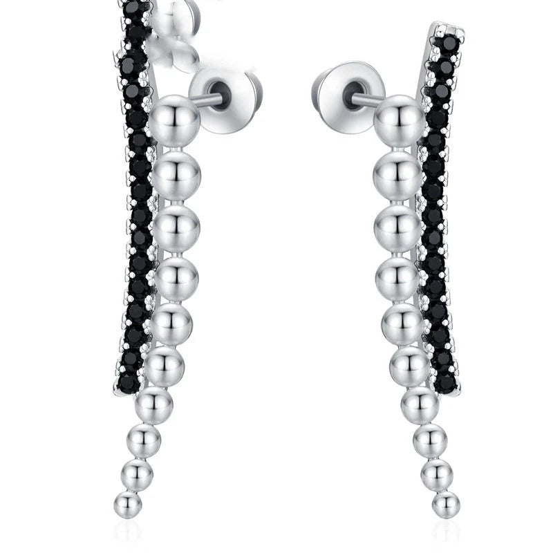 Long slimming zircon copper earrings with black round beads for women