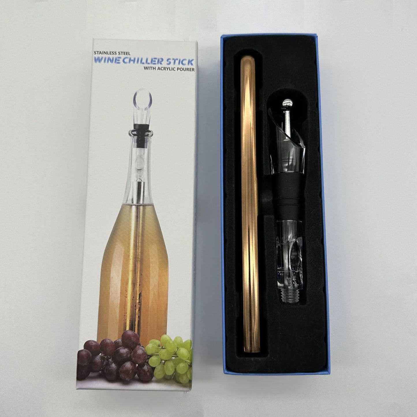 Stainless steel wine chilling rod with leakproof pourer