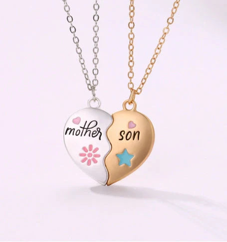 Mother daughter matching heart necklace set with gold plating and magnetic clasp