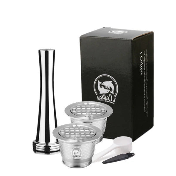 Stainless steel reusable Nespresso coffee capsule with tamper and spoon