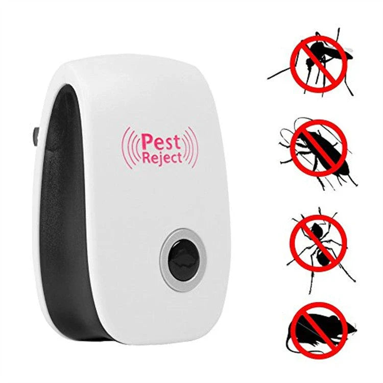 Electronic ultrasonic pest repeller for home use, measuring 90x56x50mm