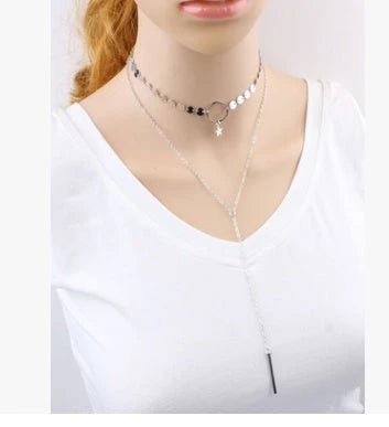 Star Goddess Duo Layering Choker Necklace in gold and silver
