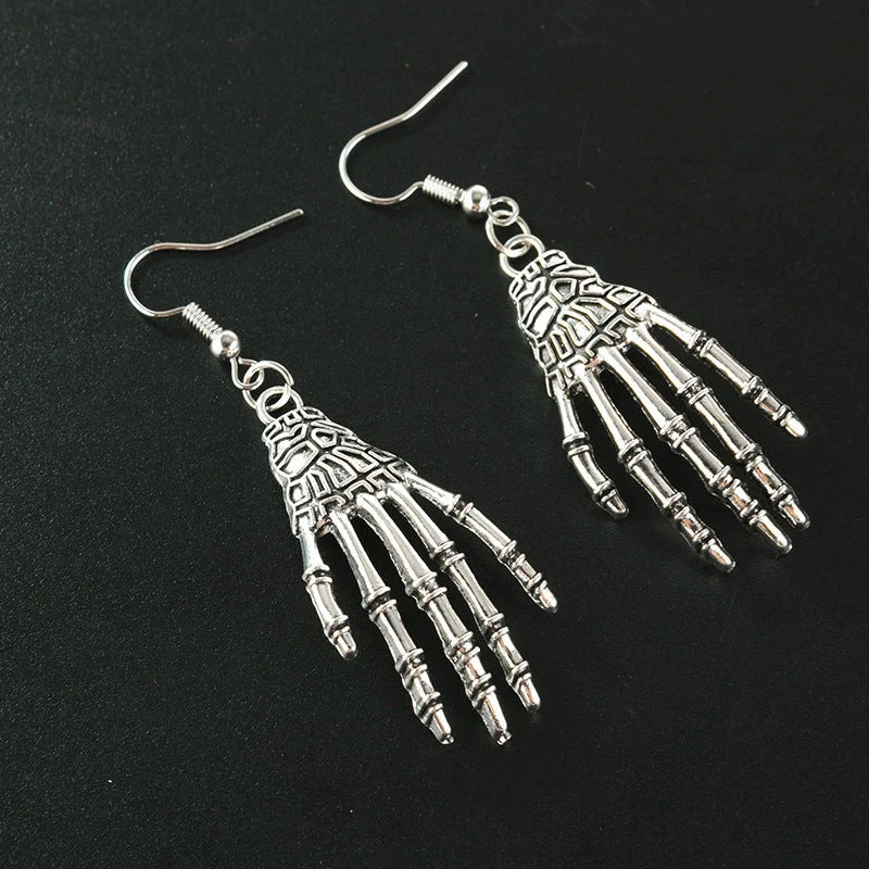 Halloween Vintage Carved Skull Skeleton Hands Earrings in gold, bronze, and silver