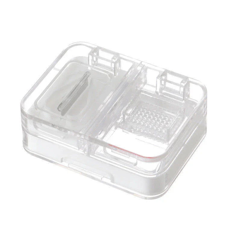 Portable mini medicine storage box with tablet cutter in red, green, blue, and white