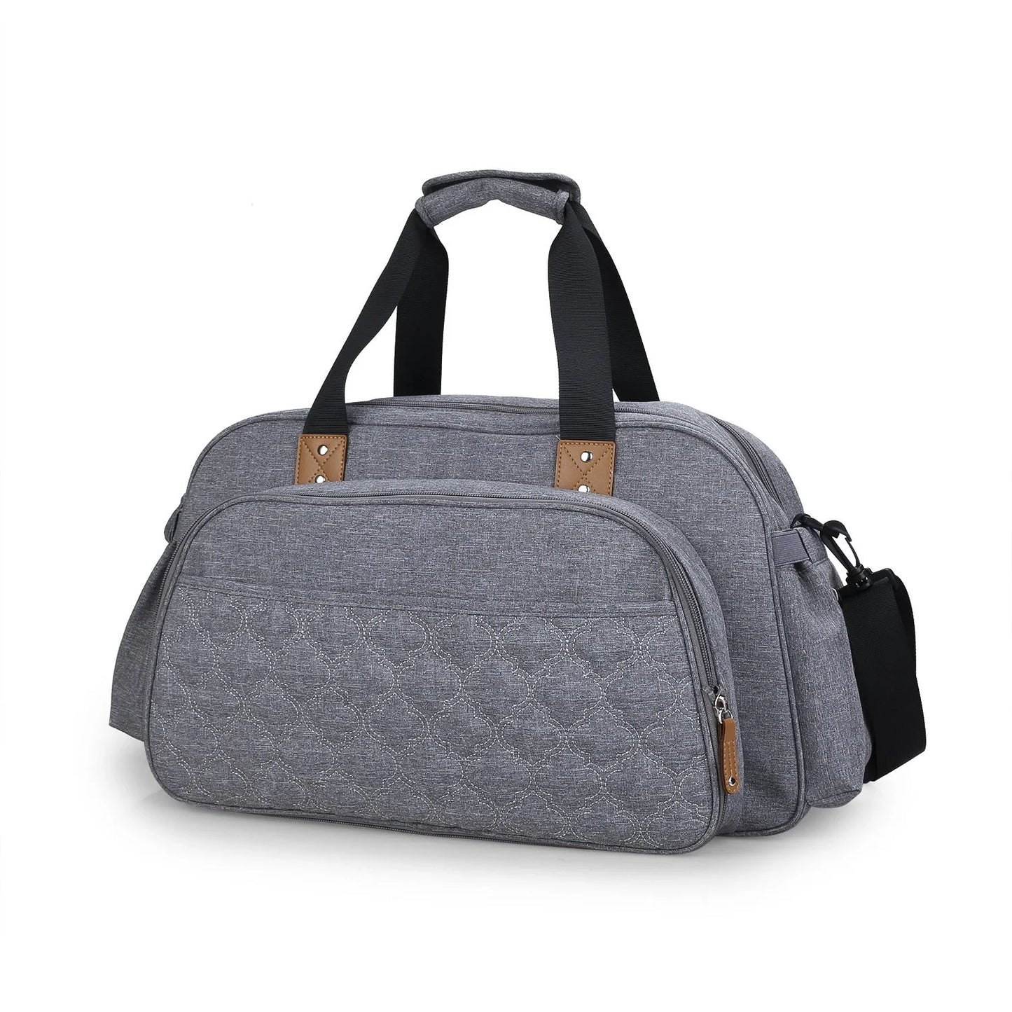 Convertible baby diaper bag in black and grey, transforming into a crib and changing table