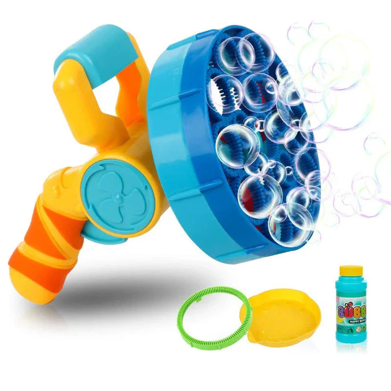 Automatic Electric Bubble Machine in blue and yellow, producing over 500 bubbles per minute for outdoor parties