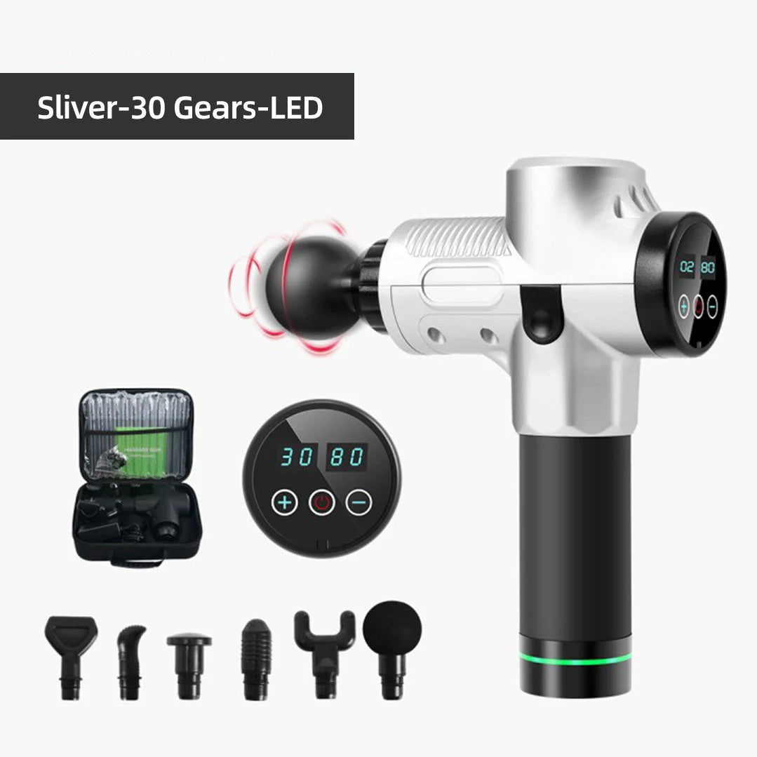 Release Stick Transmembrane Electric Massage Gun with six interchangeable heads on a white background