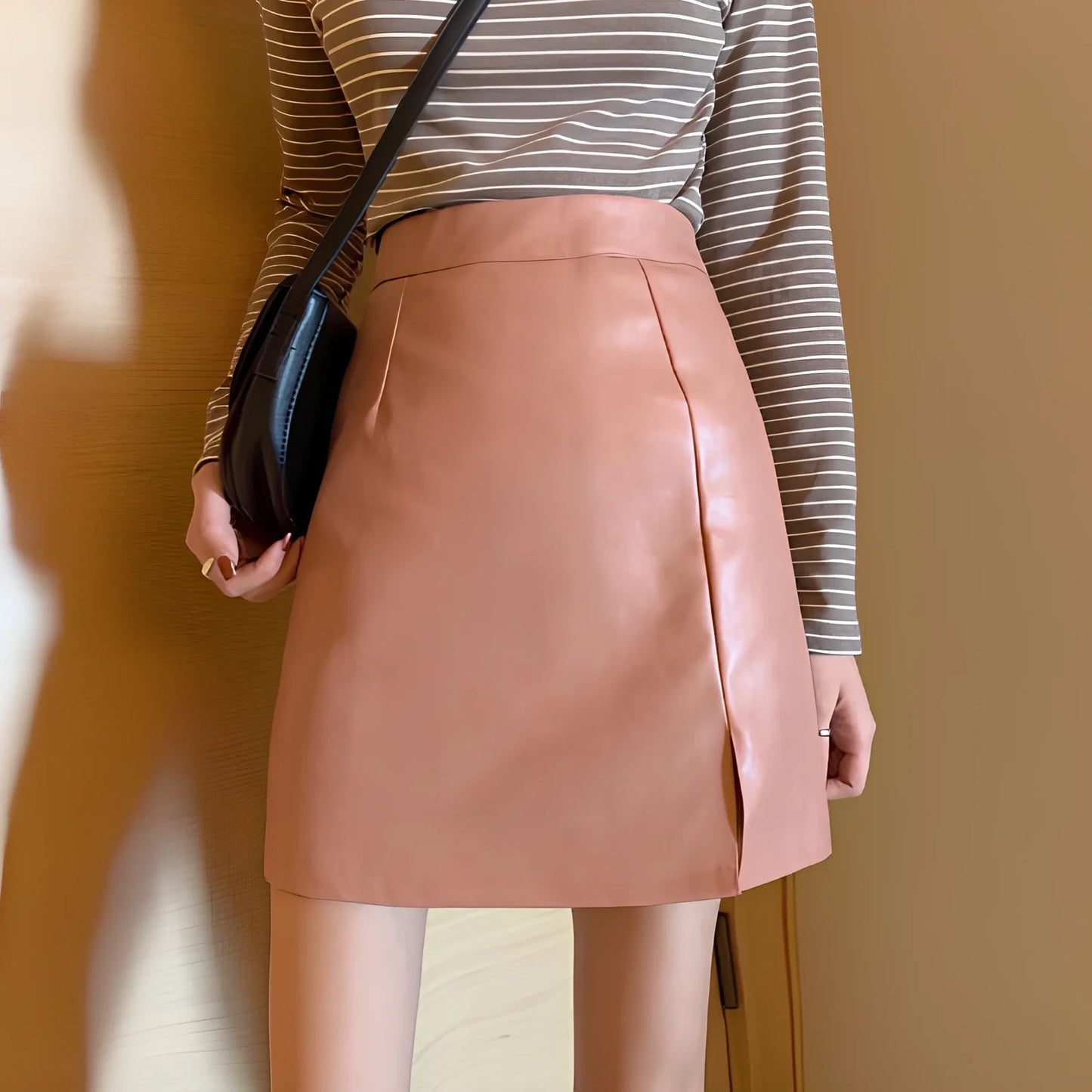 Women's shiny PU leather pencil skirt with high waist and side zipper in pink, black, or yellow
