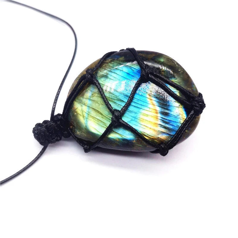 Hand-woven labradorite net bag pendant with natural moonstone, 3.5 to 5.5cm, unisex gemstone jewelry