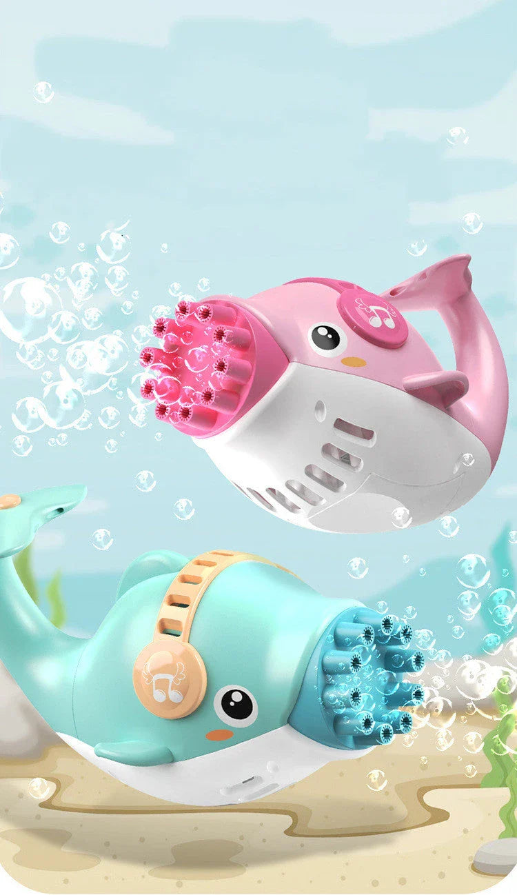 Colorful 10-hole dolphin-shaped bubble blaster creating a cloud of bubbles