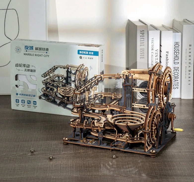 Marble Night City 3D Wooden Puzzle with marble run tracks and waterwheel