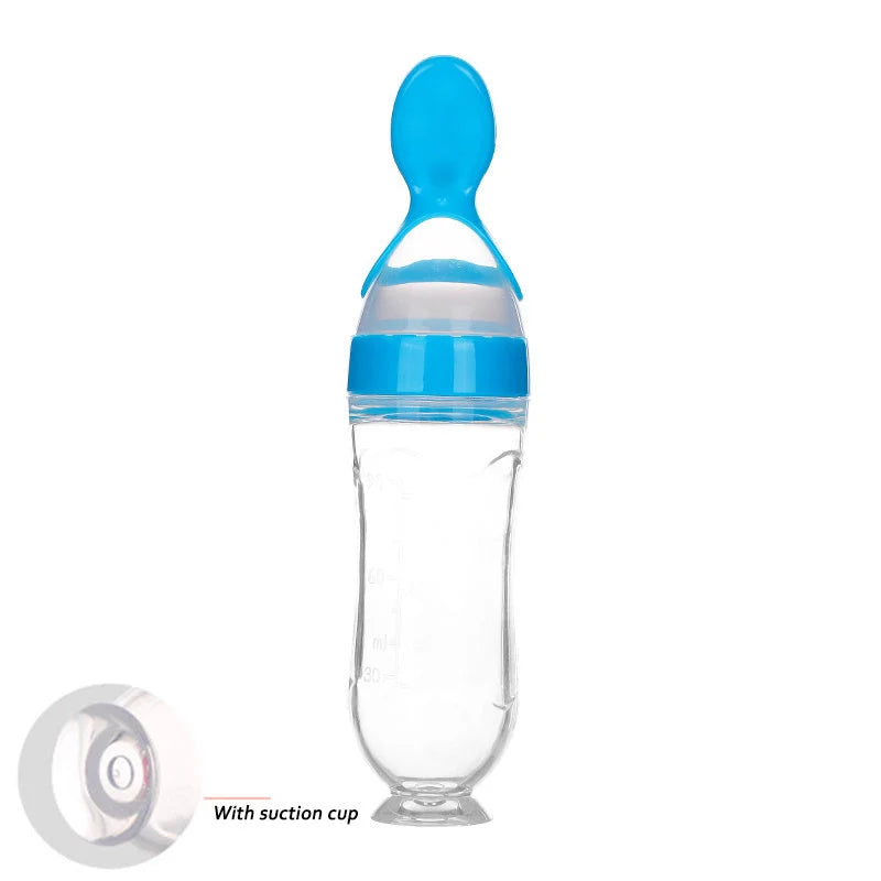 Safe silicone baby feeding spoon bottle in various colors for easy, mess-free toddler feeding