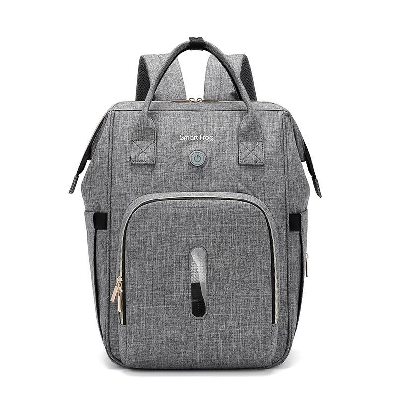 Sterilizing mother and baby bag in pink, black, and dark grey with milk bottle compartment