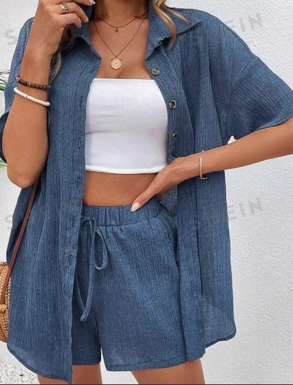 Women's cardigan and lapel shirt set with shorts in burgundy, black, and blue