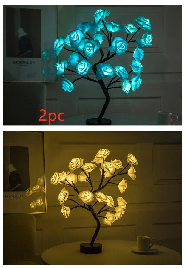 Rose Flower LED Table Lamp in white and red with USB and battery operation