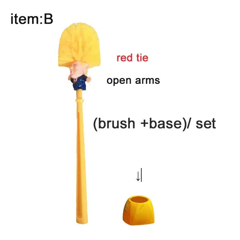 Bright yellow Trump-themed toilet brush with hanging slot