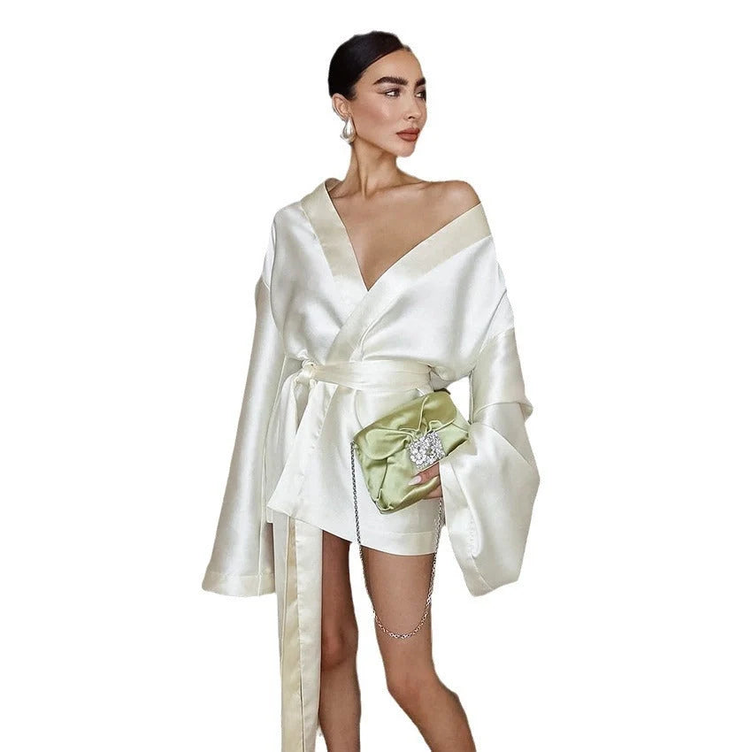 Minority V-neck Lace-up Satin Dress in champagne colour, showcasing A-line silhouette and lace-up detail