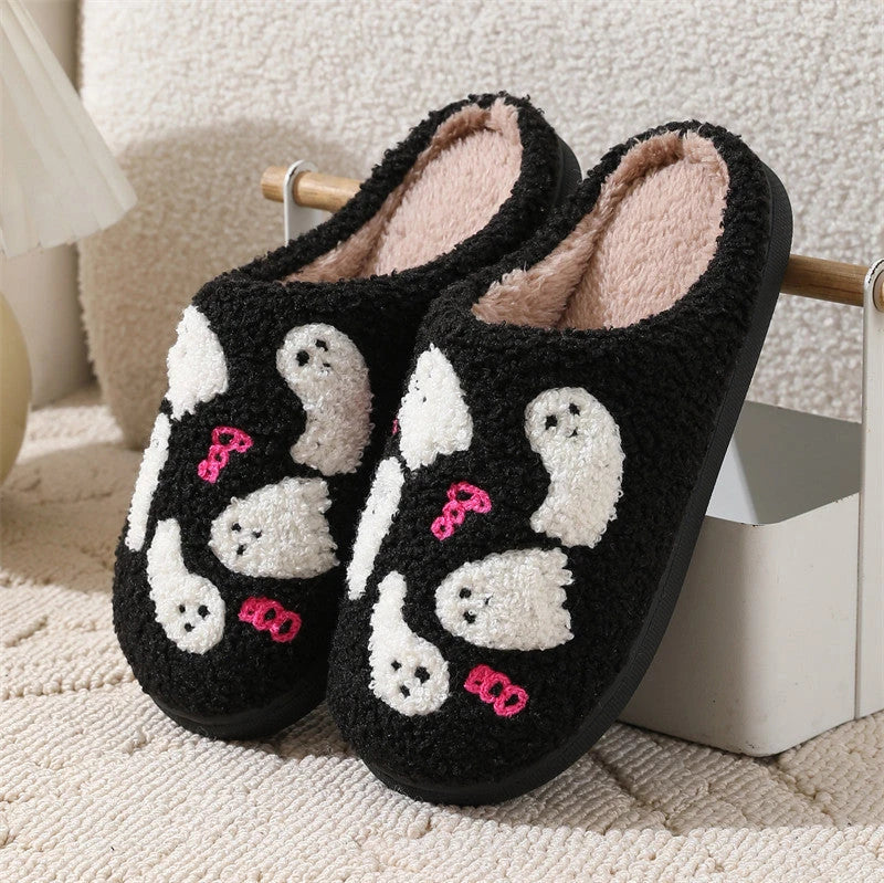 Cozy Halloween cartoon ghost slippers with soft cotton construction and non-slip soles for indoor wear