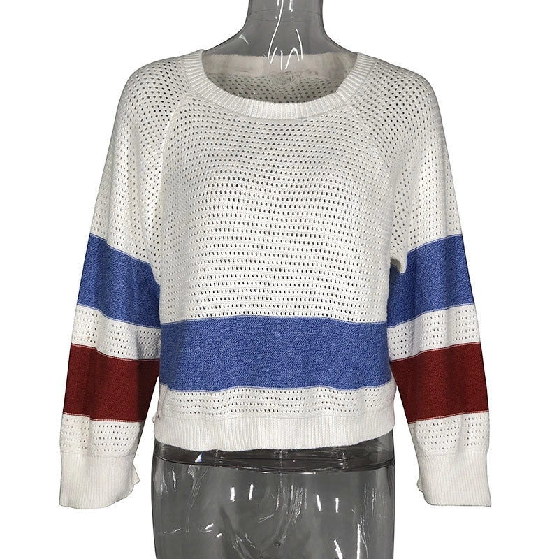 Women's white striped hollow-out pullover with round neck and long sleeves