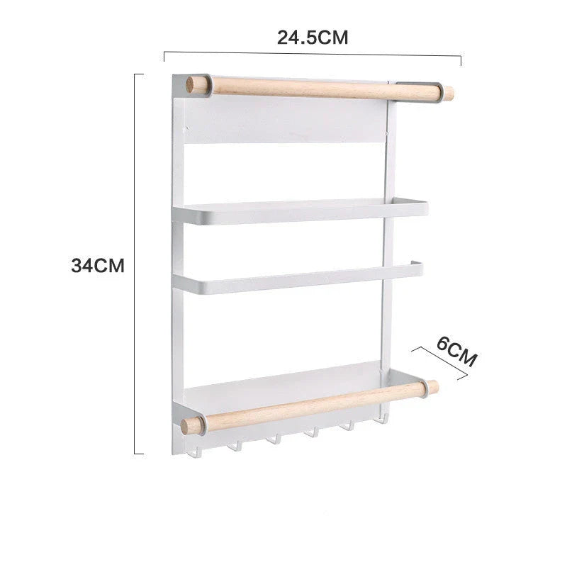 Magnetic refrigerator side rack in black and white, with hooks and wooden bar for kitchen organisation