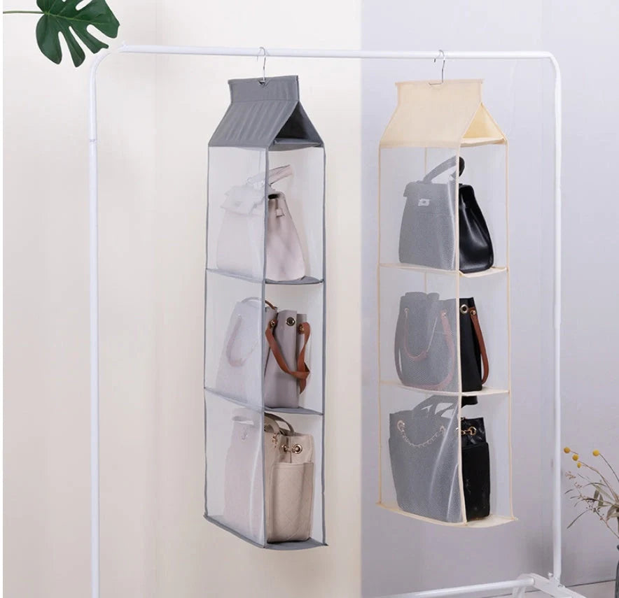 Foldable hanging multi-layer sundries storage rack in grey and beige