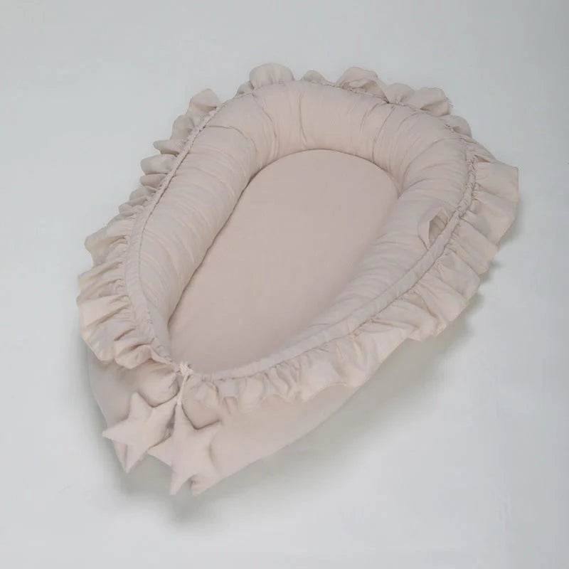 Lace Cotton Baby Bionic Bed Portable in pink, blue, purple, and beige