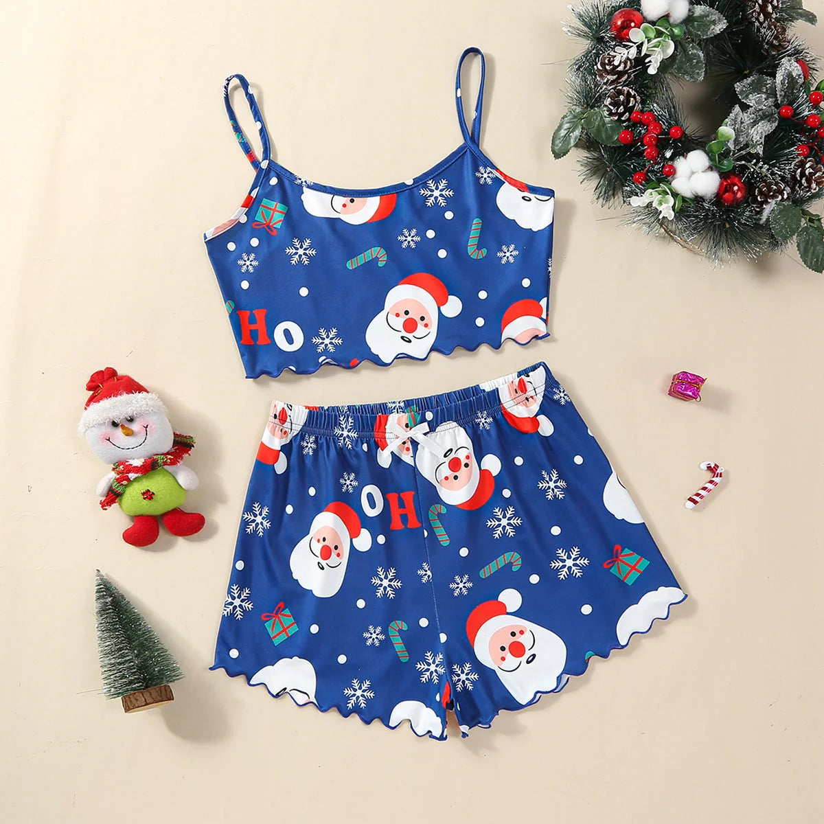 Women's Christmas-themed milk silk pajamas set with sleeveless top and shorts