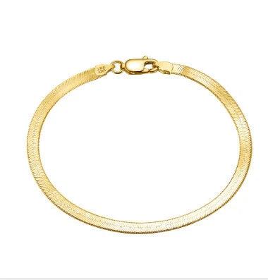 S925 Sterling Silver Bracelet with Flat Snake Bone Design in platinum and gold colours