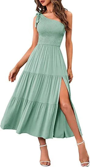 One-shoulder pleated dress with leg-revealing side slits in various colors