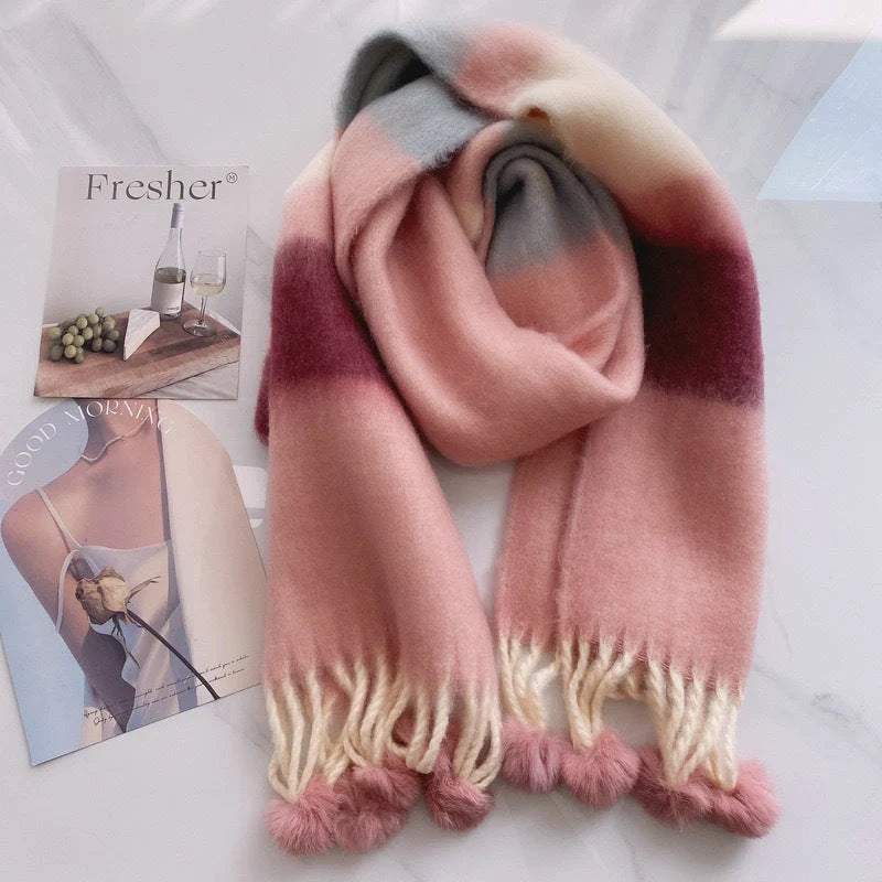 Rainbow Dopamine Mohair Tassel Scarf in vibrant colours, perfect for winter