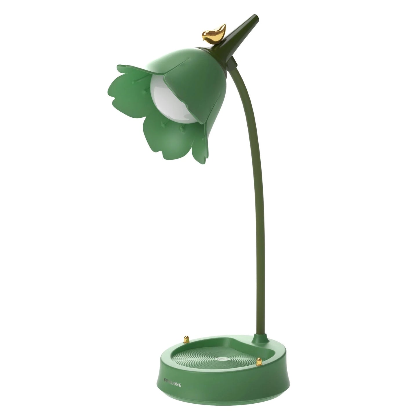 Flower LED Desk Lamp with adjustable brightness and wireless charging in yellow, blue, pink, and green