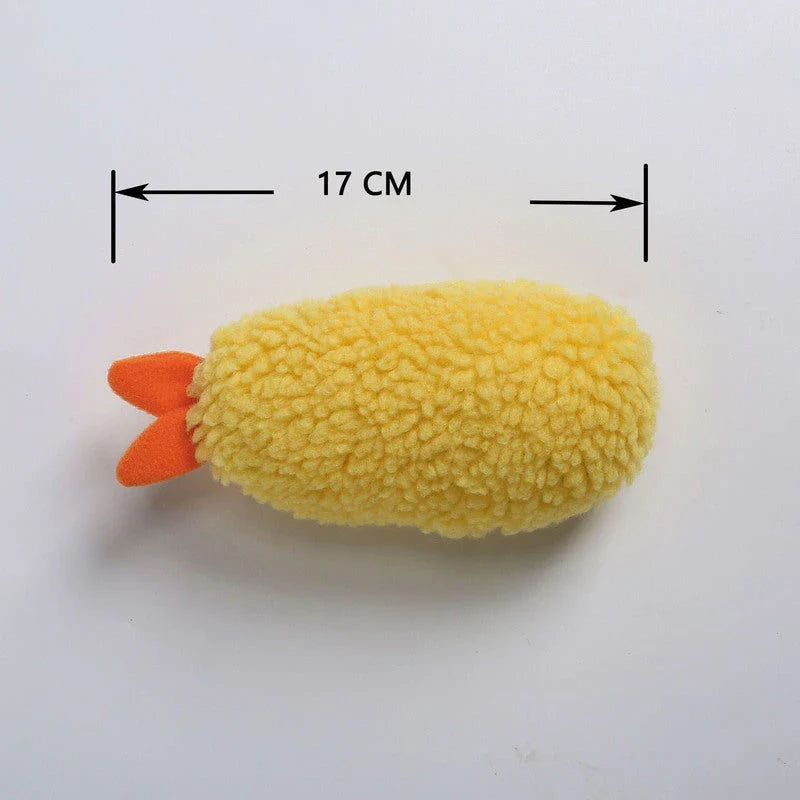 Fried Shrimp Tempura Dog Chew Toy with squeaker in yellow
