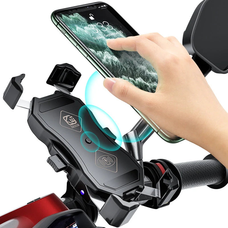 Motorcycle 15W wireless charging mobile phone holder in black with secure grip and waterproof design