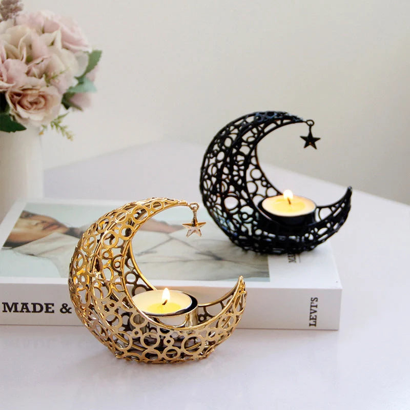 Crescent moon star metal candle holder in black or gold for elegant home decor