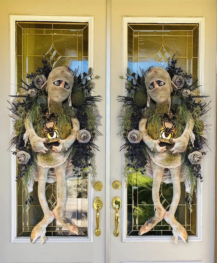 Realistic mummy and skeleton hands Halloween wreath for door decoration