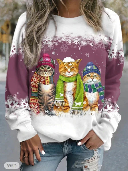 Women's festive snowman and cat print long sleeve t-shirt in loose fit