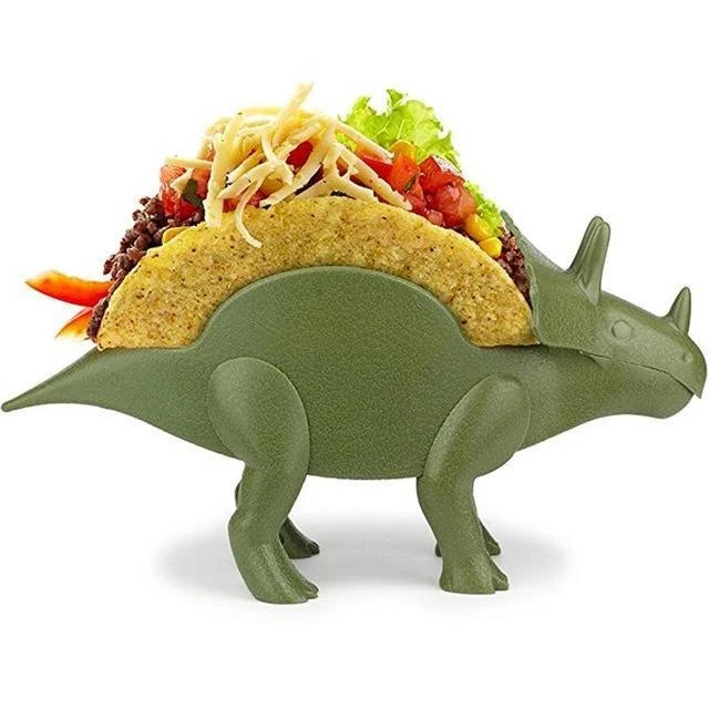 Dinosaur-shaped taco holder in army green, light green, or pink