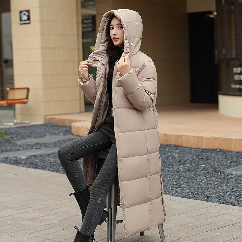 Women's super long winter puffer coat in black, dark red, white, and khaki with hood