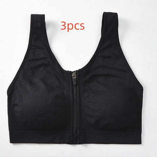 Front zipper sports bra in black with shockproof support and beauty back design