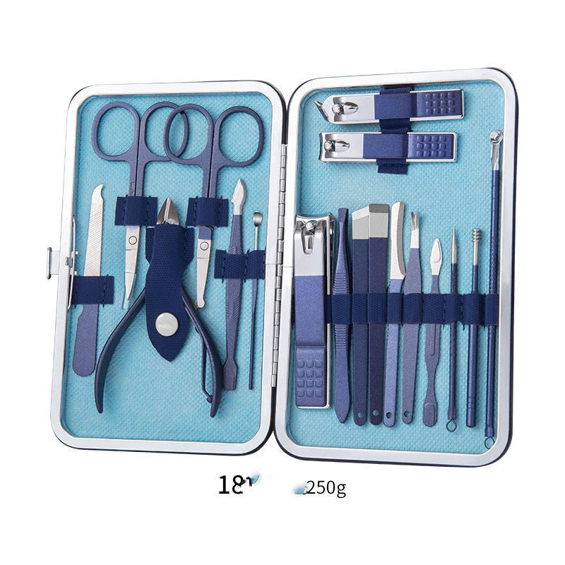 Professional Nail Care Set with stainless steel tools in a leather case