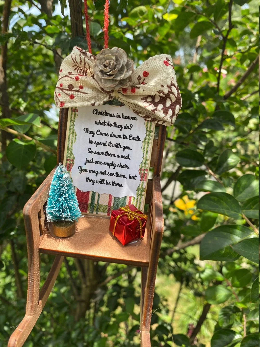 Heaven Chair Christmas Ornament in red, white, and wood colour for memorial decoration