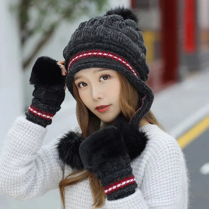 Knit fleece beanie with ear flaps and pompom in various colours for winter warmth