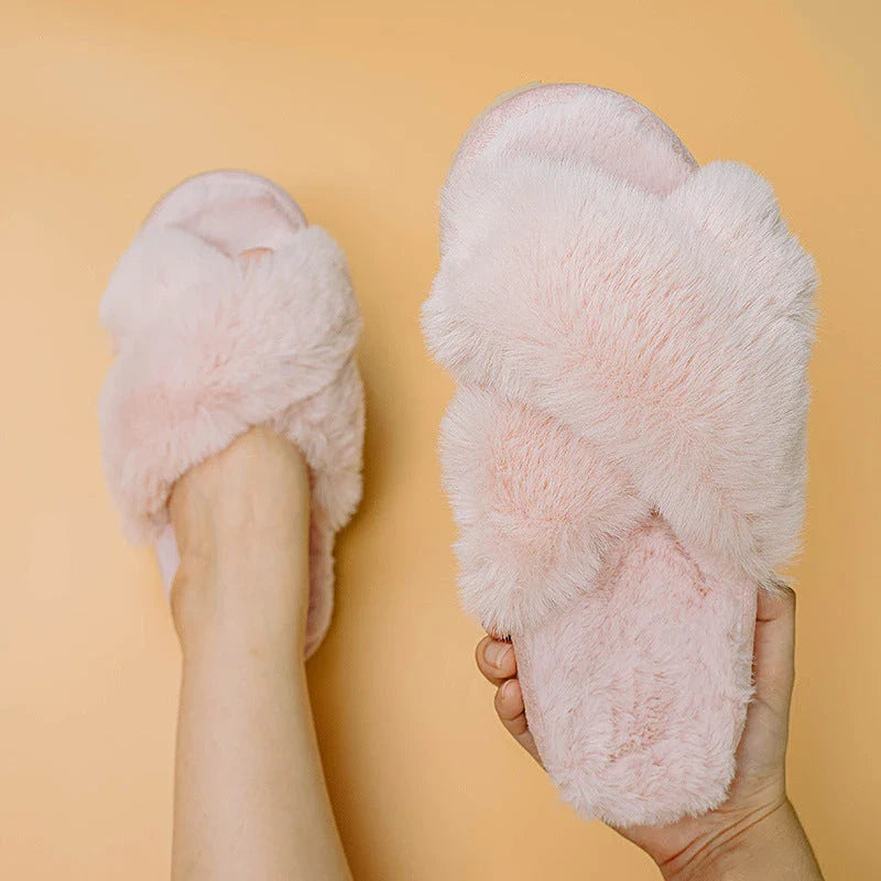 Cozy faux fur cross slippers for women in various colors, featuring a stylish design and plush, comfortable material
