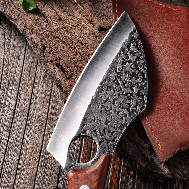 MCD108 small vegetable knife with forged leather sheath, 5Cr15 martensitic steel blade, and solid wood handle