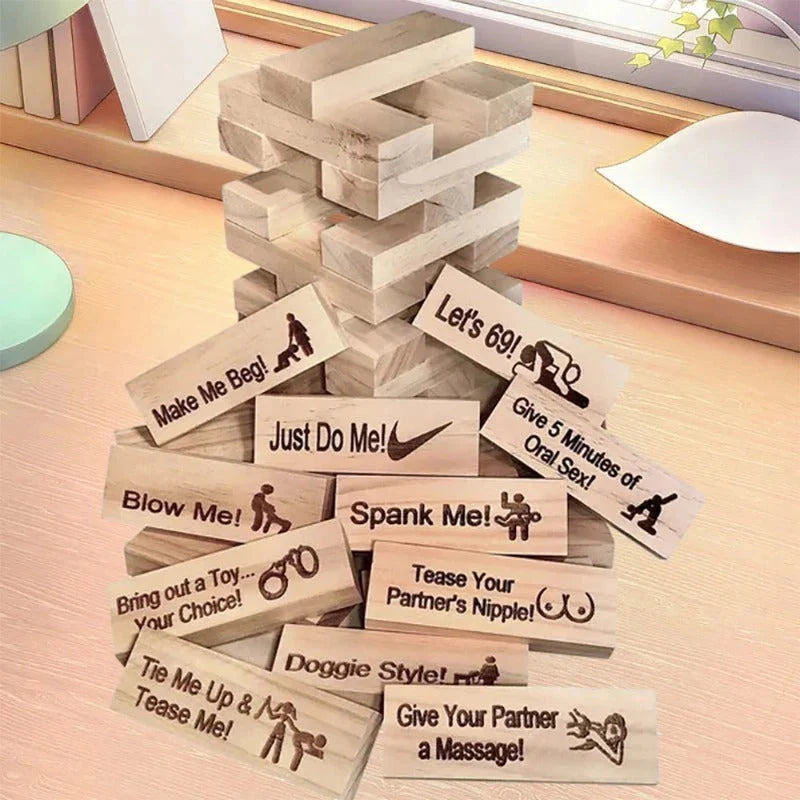 Sustainable wooden block tower game for couples, perfect for Valentine's Day and date nights