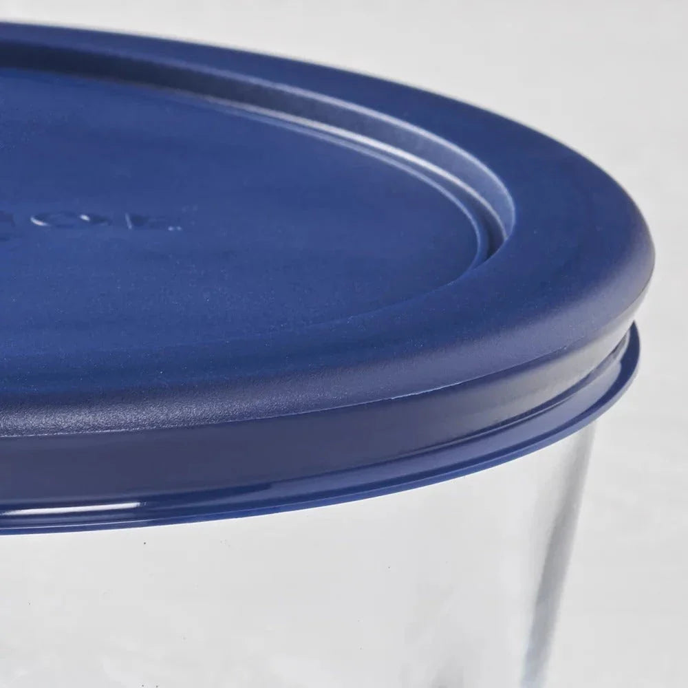 30-piece glass food storage containers with navy blue lids, perfect for meal prep, leftovers, and kitchen organization