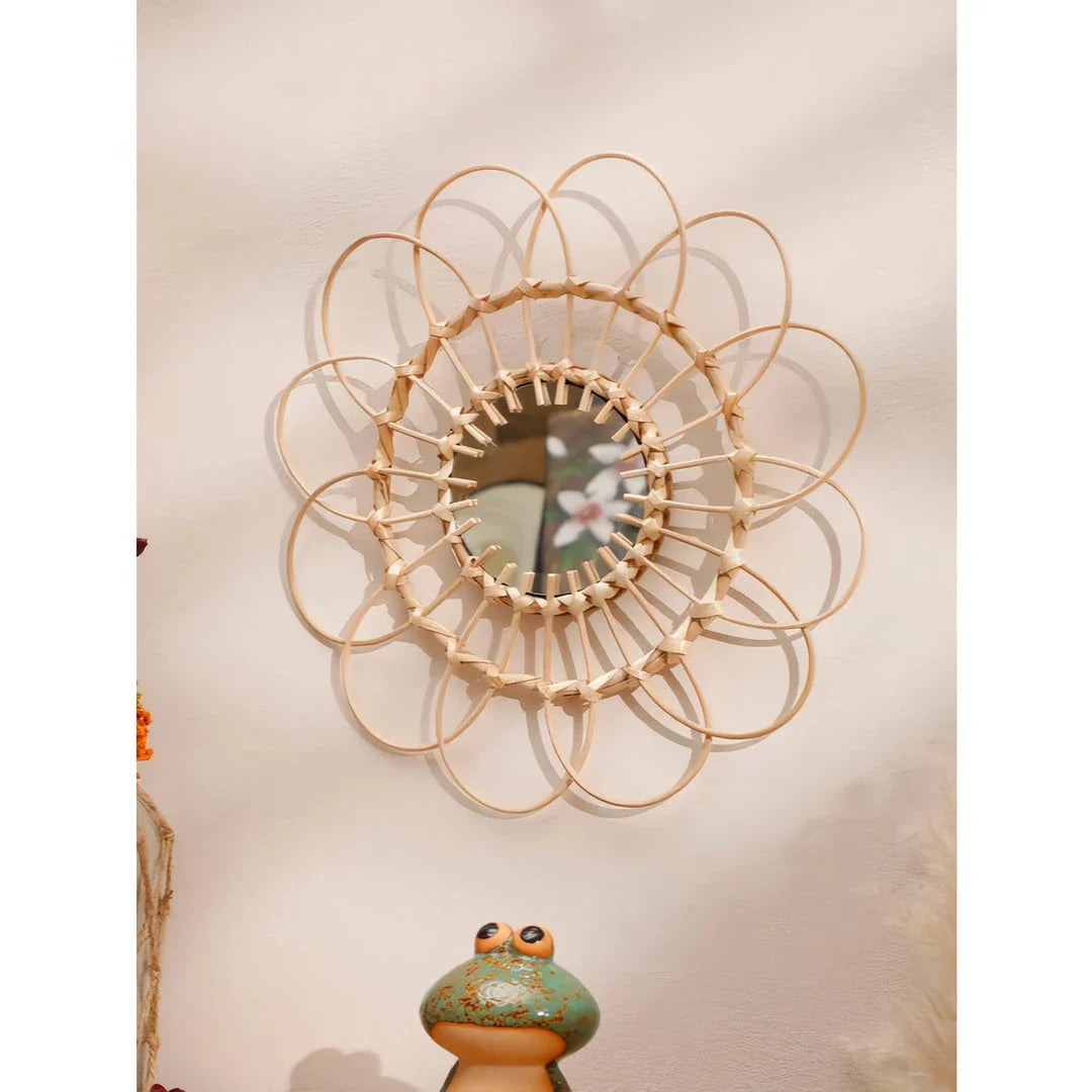 Handmade rattan wall mirror with a flower-shaped design, adding natural elegance to a Kiwi home decor