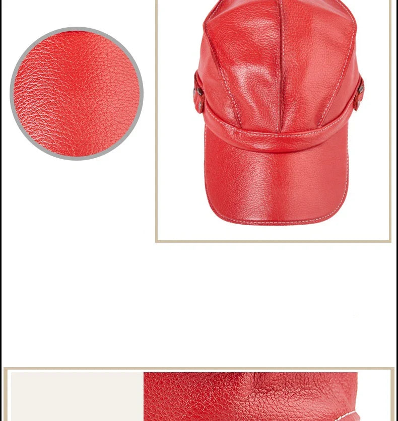 Leather baseball cap with earmuffs in black, red, and brown colors for men's cold weather wear