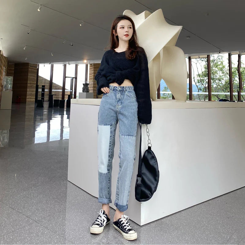 Trendy Autumn Pants: Straight-Leg, High-Waisted Denim Trousers in Light Blue