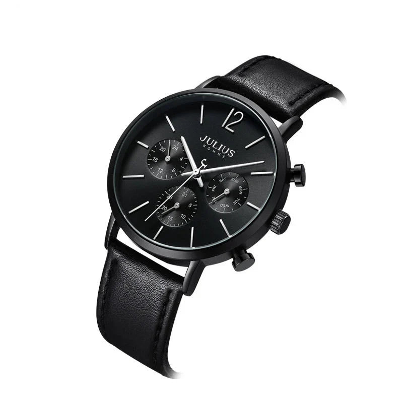 Stylish Multi-Function Quartz Waterproof Watch with a sleek design, durable mineral-reinforced glass, and comfortable leather strap